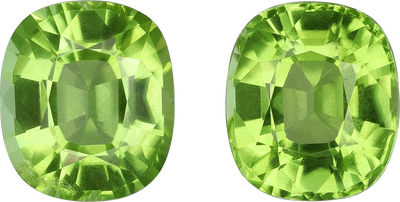Cushion cut peridot, 8.78 by 7.67 mm, shown at actual size
