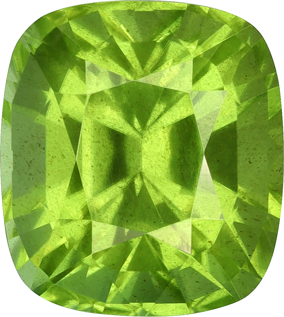 Cushion cut peridot, 9.75 by 8.73 mm, shown at actual size