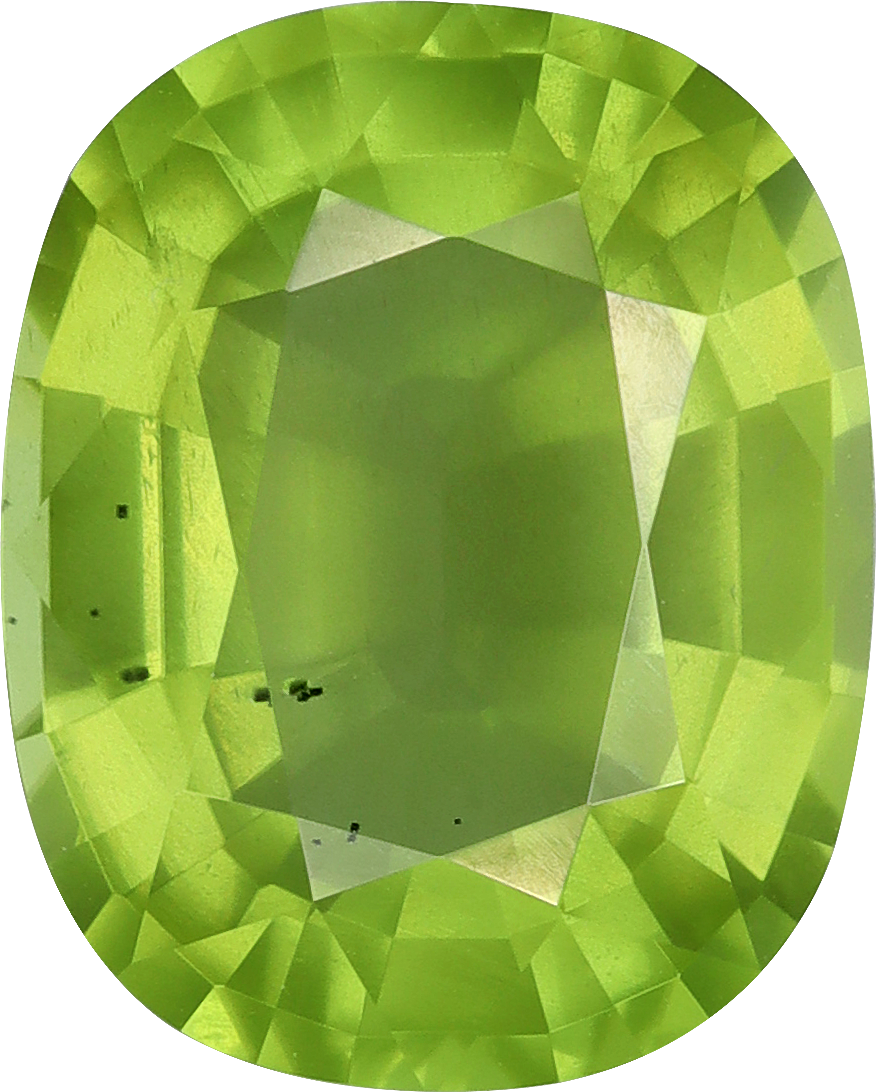 Cushion cut peridot, 10.12 by 8.12 mm, shown at actual size
