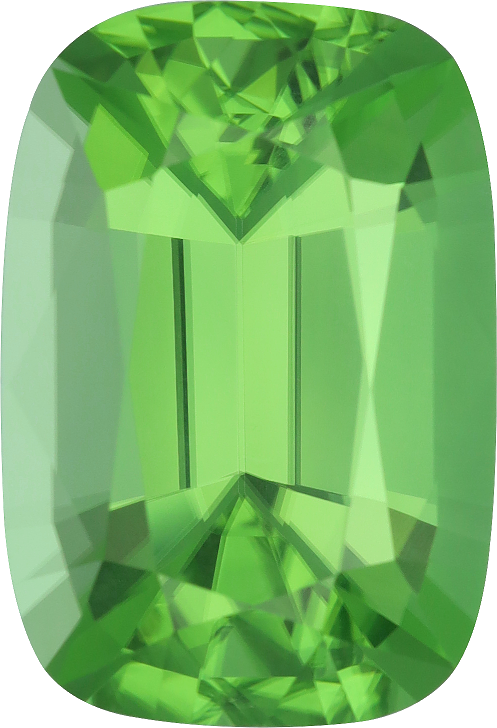 Cushion cut peridot, 19.36 by 13.19 mm, shown at actual size