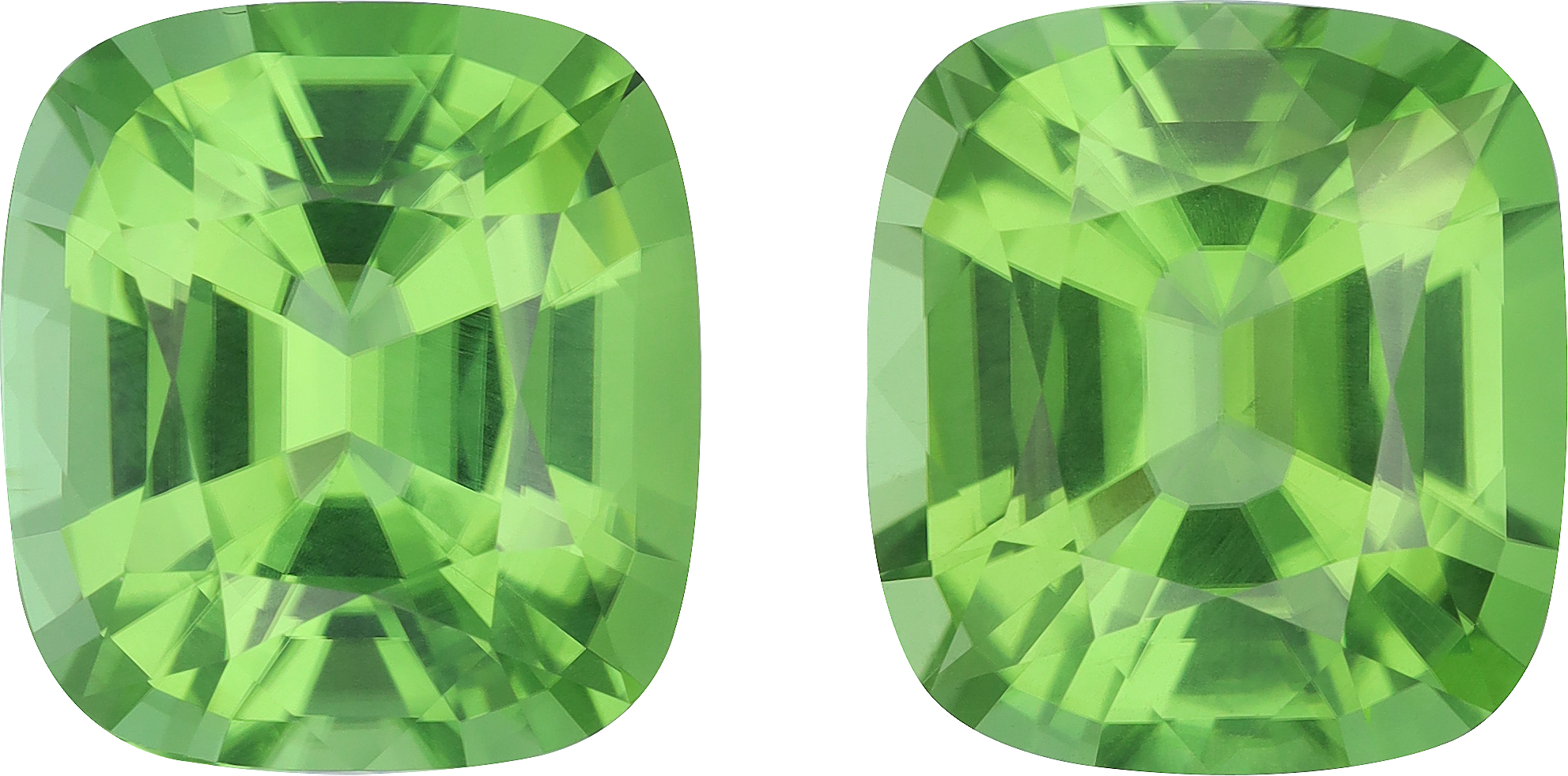 Cushion cut peridot, 15.98 by 14.45 mm, shown at actual size