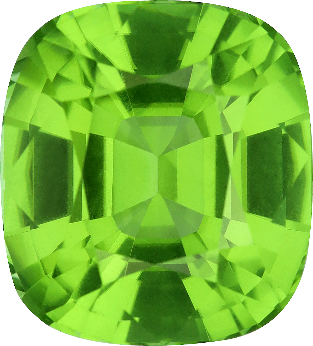 Cushion cut peridot, 17.47 by 15.79 mm, shown at actual size