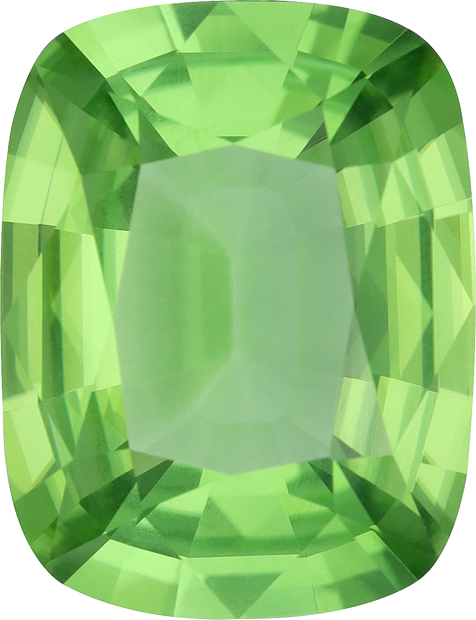 Cushion cut peridot, 17.12 by 13.22 mm, shown at actual size