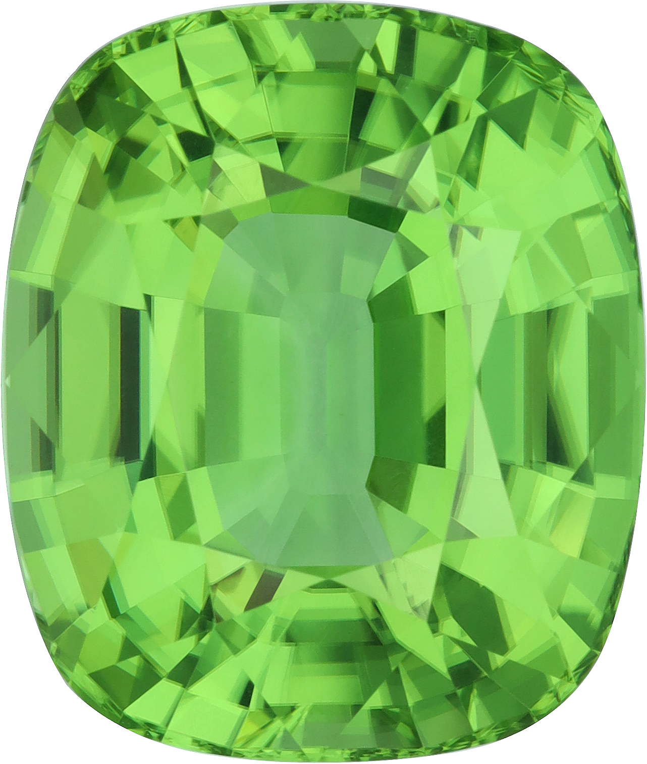 Cushion cut peridot, 20.53 by 17.4 mm, shown at actual size