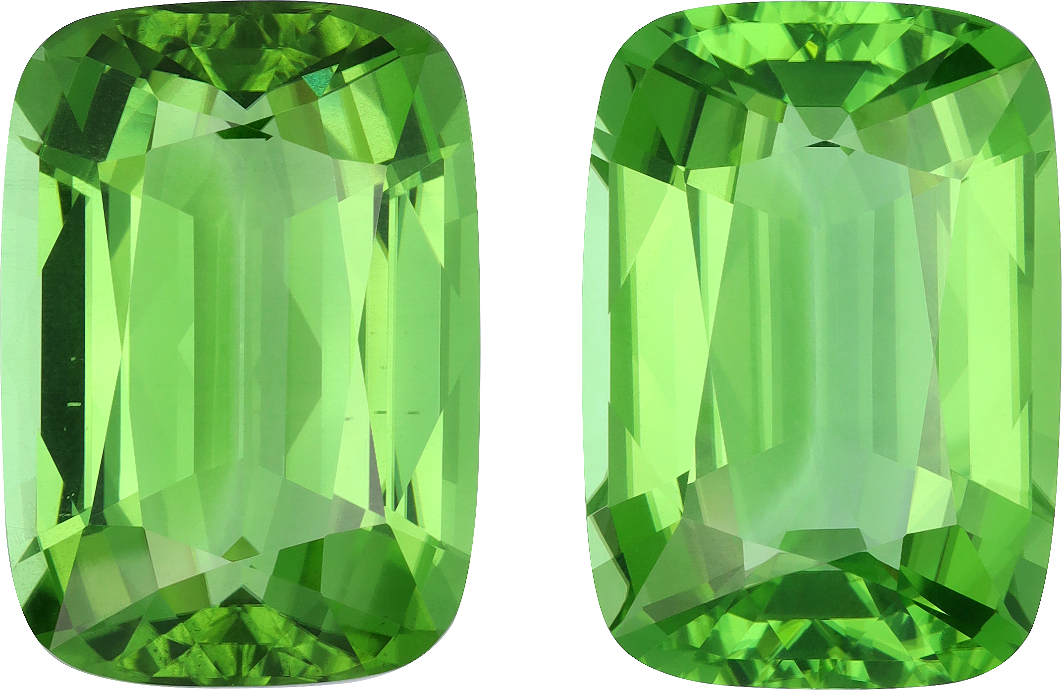 Cushion cut peridot, 23.01 by 16.09 mm, shown at actual size