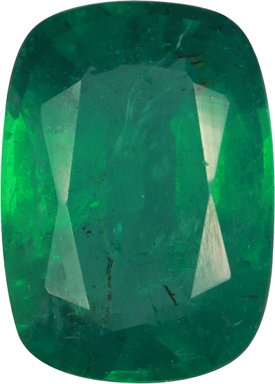 Cushion cut zambian emerald, 11.66 by 8.38 mm, shown at actual size