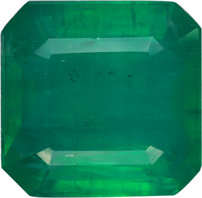 Square cut zambian emerald, 13.71 by 13.7 mm, shown at actual size