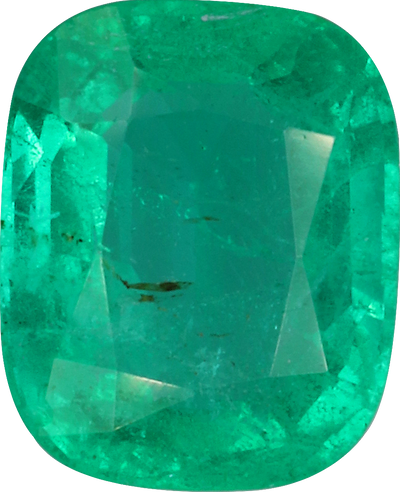 Cushion cut zambian emerald, 7.83 by 6.39 mm, shown at actual size