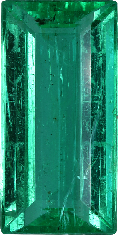 Rectangular cut zambian emerald, 13.54 by 6.81 mm, shown at actual size