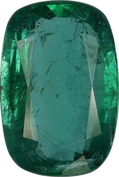 Cushion cut zambian emerald, 12.22 by 8.23 mm, shown at actual size