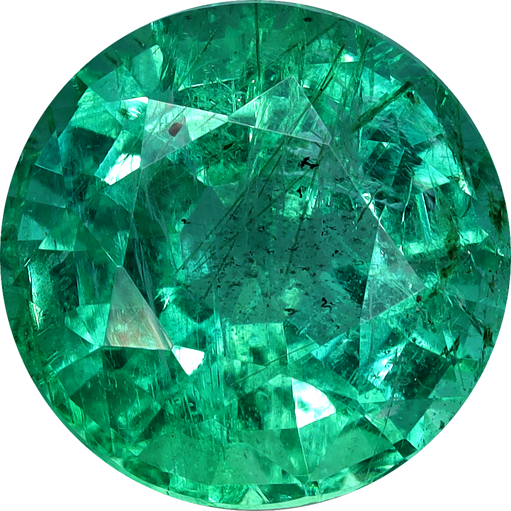 Round cut zambian emerald, 9.62 by 9.45 mm, shown at actual size