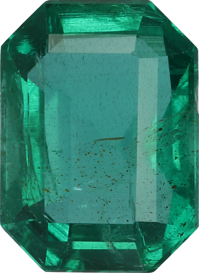 Rectangular cut zambian emerald, 8.26 by 6.08 mm, shown at actual size