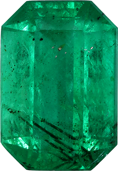 Rectangular cut zambian emerald, 8.96 by 6.2 mm, shown at actual size