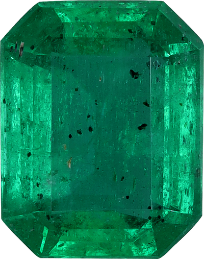 Rectangular cut zambian emerald, 8.14 by 6.45 mm, shown at actual size