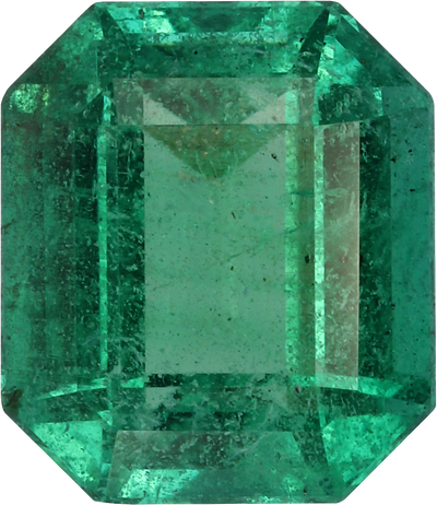 Rectangular cut zambian emerald, 7.65 by 6.64 mm, shown at actual size