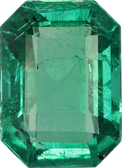 Rectangular cut zambian emerald, 8.25 by 6 mm, shown at actual size