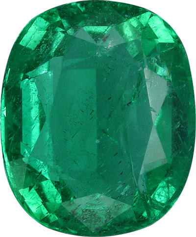 Cushion cut zambian emerald, 9.48 by 7.86 mm, shown at actual size