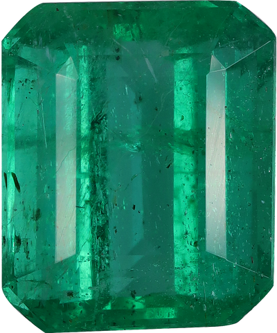 Rectangular cut zambian emerald, 10.88 by 9.07 mm, shown at actual size