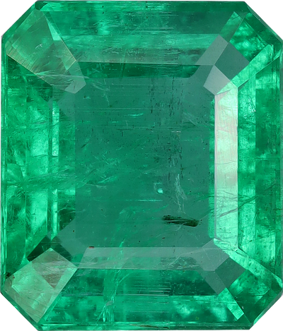 Rectangular cut zambian emerald, 10.71 by 9.18 mm, shown at actual size