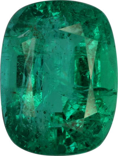 Cushion cut zambian emerald, 9.66 by 7.33 mm, shown at actual size