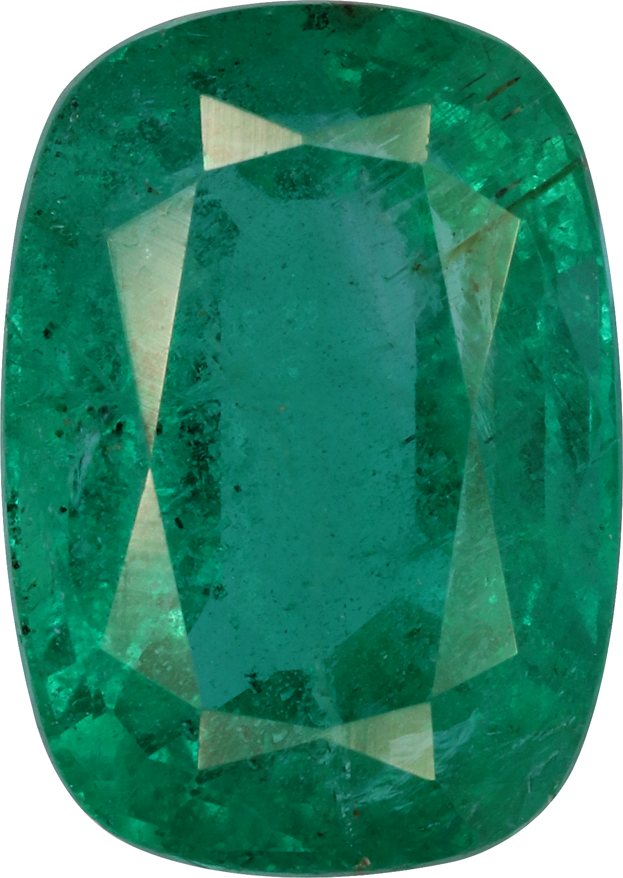 Cushion cut zambian emerald, 10.93 by 7.78 mm, shown at actual size