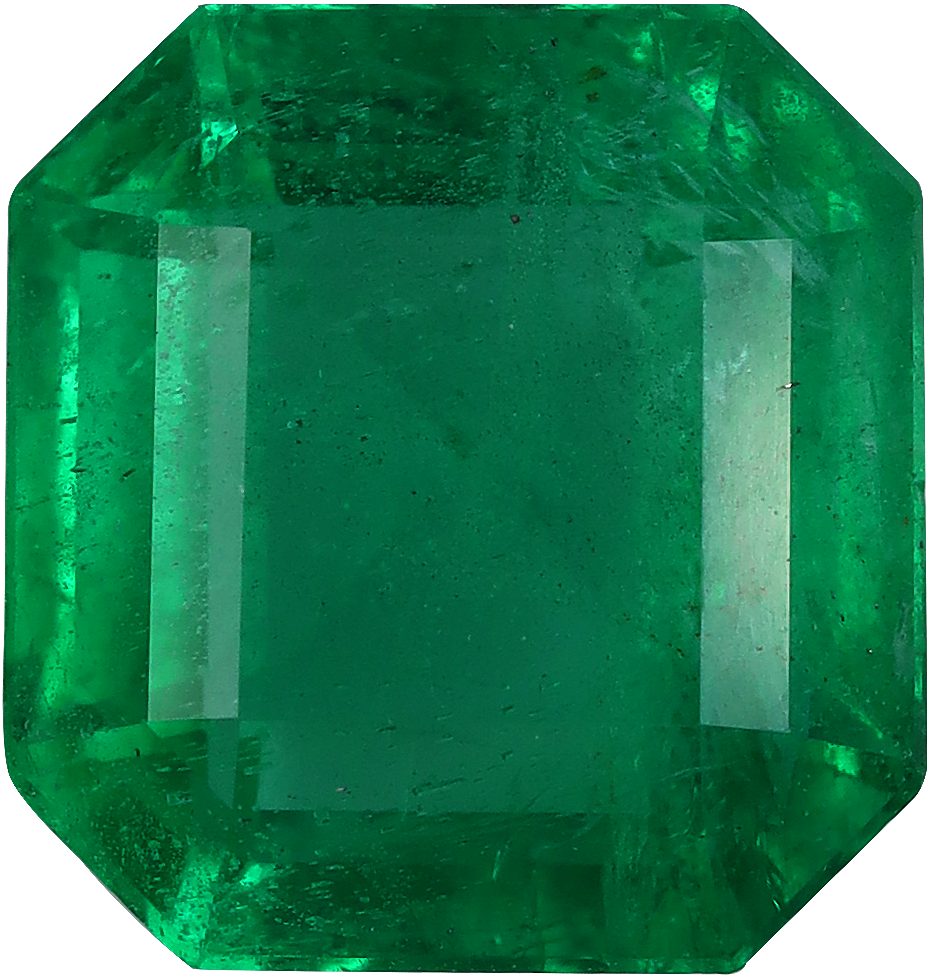 Rectangular cut zambian emerald, 8.81 by 8.36 mm, shown at actual size