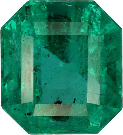 Rectangular cut zambian emerald, 7.75 by 6.99 mm, shown at actual size