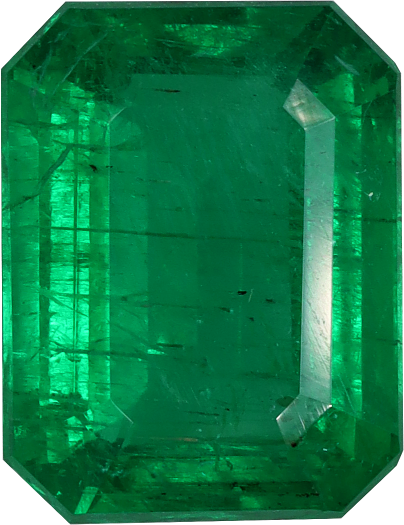 Rectangular cut zambian emerald, 9.86 by 7.58 mm, shown at actual size