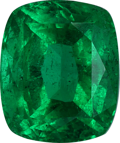 Cushion cut zambian emerald, 7.33 by 6.16 mm, shown at actual size