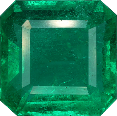 Rectangular cut zambian emerald, 12.39 by 12.49 mm, shown at actual size