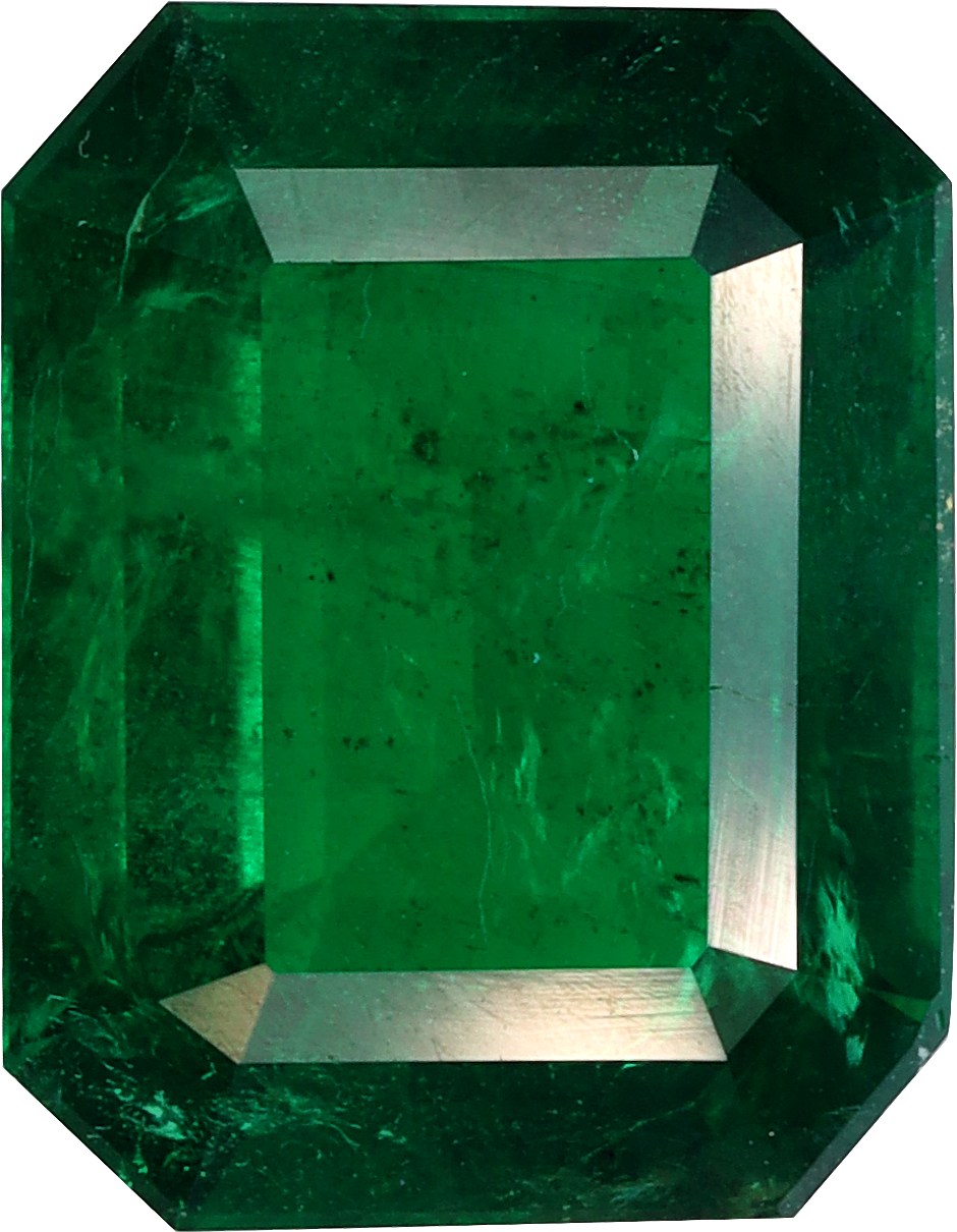 Rectangular cut zambian emerald, 10.1 by 7.86 mm, shown at actual size