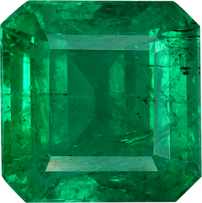 Rectangular cut zambian emerald, 7.44 by 7.36 mm, shown at actual size