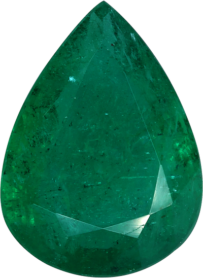 Pear cut zambian emerald, 14.79 by 10.89 mm, shown at actual size