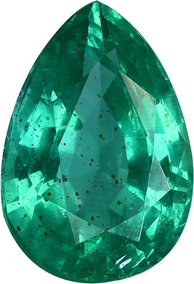 Pear cut zambian emerald, 8.56 by 5.89 mm, shown at actual size