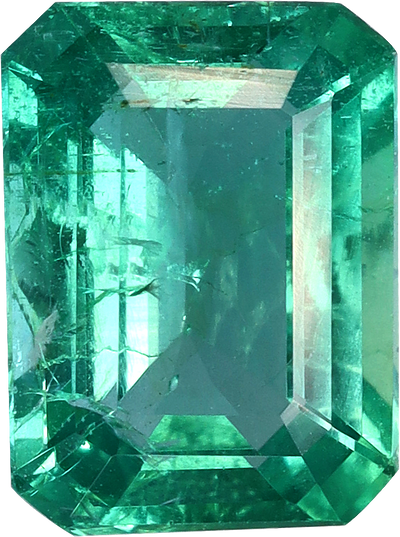 Rectangular cut zambian emerald, 7.96 by 5.95 mm, shown at actual size