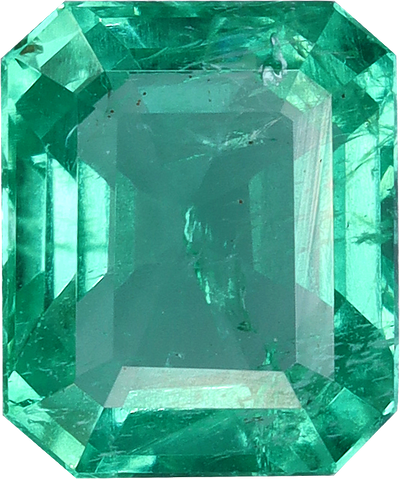 Rectangular cut zambian emerald, 6.87 by 5.68 mm, shown at actual size