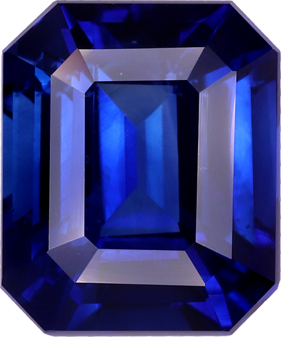 Rectangular cut blue sapphire, 7.75 by 6.47 mm, shown at actual size