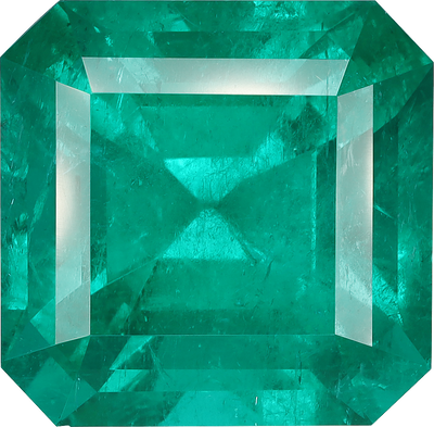 Square cut zambian emerald, 17.5 by 17.2 mm, shown at actual size