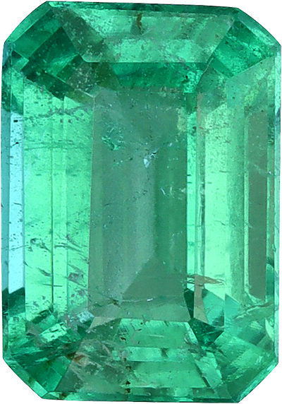 Rectangular cut zambian emerald, 6.98 by 4.91 mm, shown at actual size