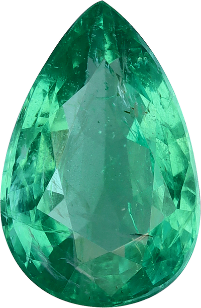 Pear cut zambian emerald, 10.02 by 6.5 mm, shown at actual size