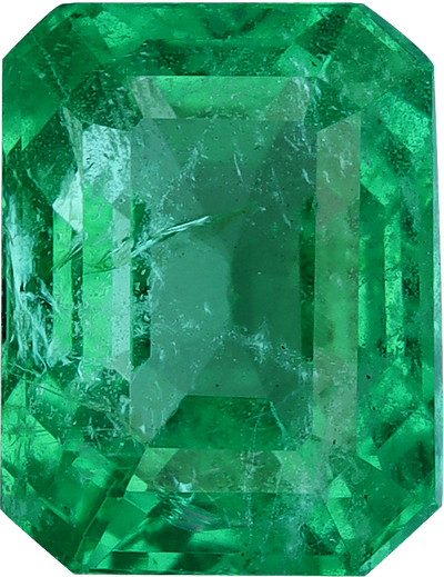 Rectangular cut zambian emerald, 7.64 by 5.88 mm, shown at actual size