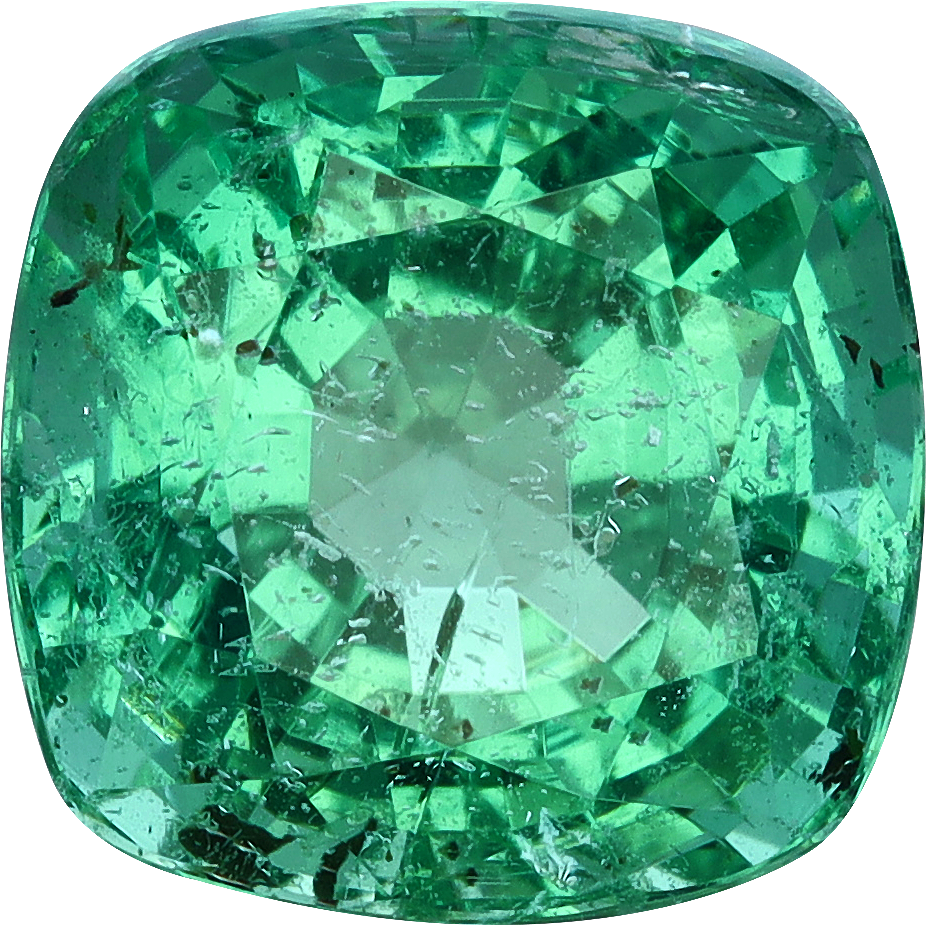 Cushion cut zambian emerald, 8.13 by 8.08 mm, shown at actual size