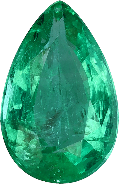 Pear cut zambian emerald, 9.21 by 6 mm, shown at actual size