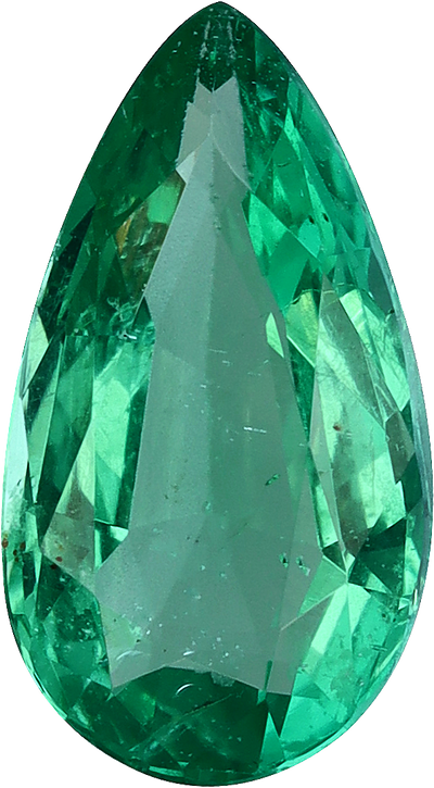 Pear cut zambian emerald, 9.74 by 5.36 mm, shown at actual size