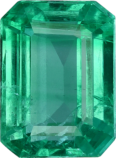 Rectangular cut zambian emerald, 7.17 by 5.24 mm, shown at actual size