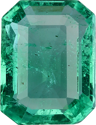 Rectangular cut zambian emerald, 7.6 by 5.78 mm, shown at actual size