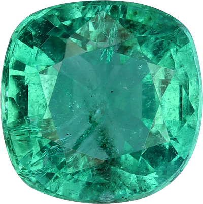Cushion cut zambian emerald, 7.39 by 7.27 mm, shown at actual size