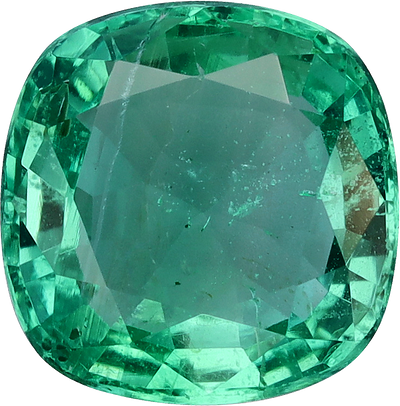 Cushion cut zambian emerald, 7.57 by 7.49 mm, shown at actual size