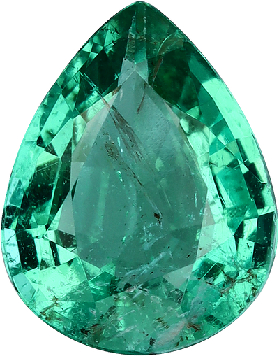Pear cut zambian emerald, 8.89 by 6.99 mm, shown at actual size