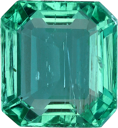 Rectangular cut zambian emerald, 6.51 by 6.02 mm, shown at actual size